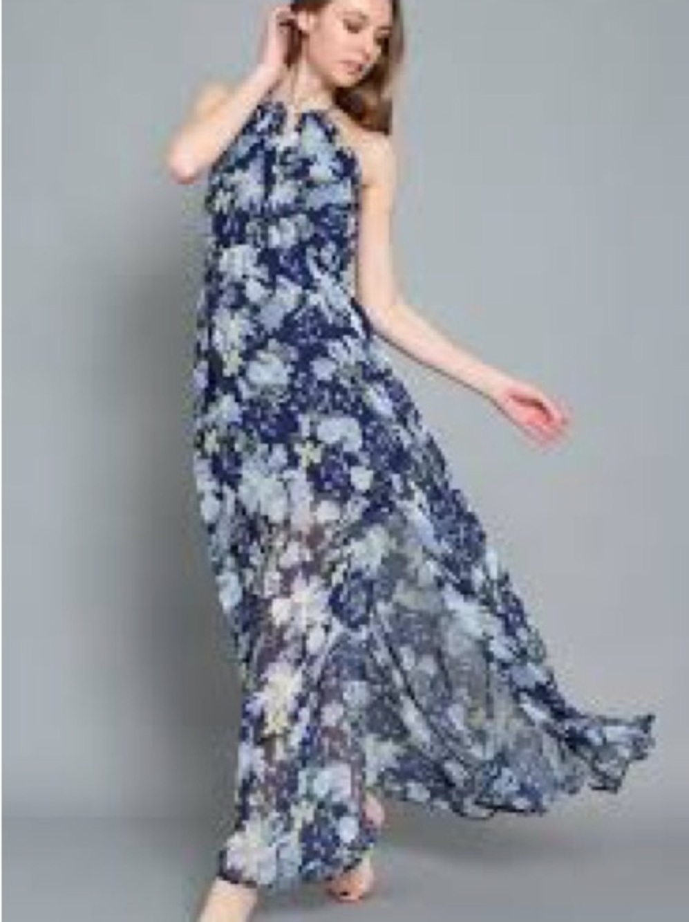 Aakaa Halter Floral Maxi Dress Navy Blue Chiffon Flowy Wedding Guest Size S